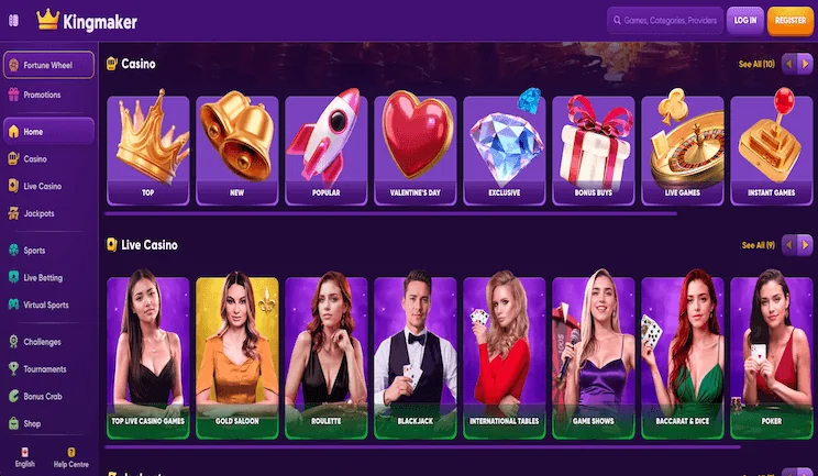 Kingmaker Casino — schermata del sito